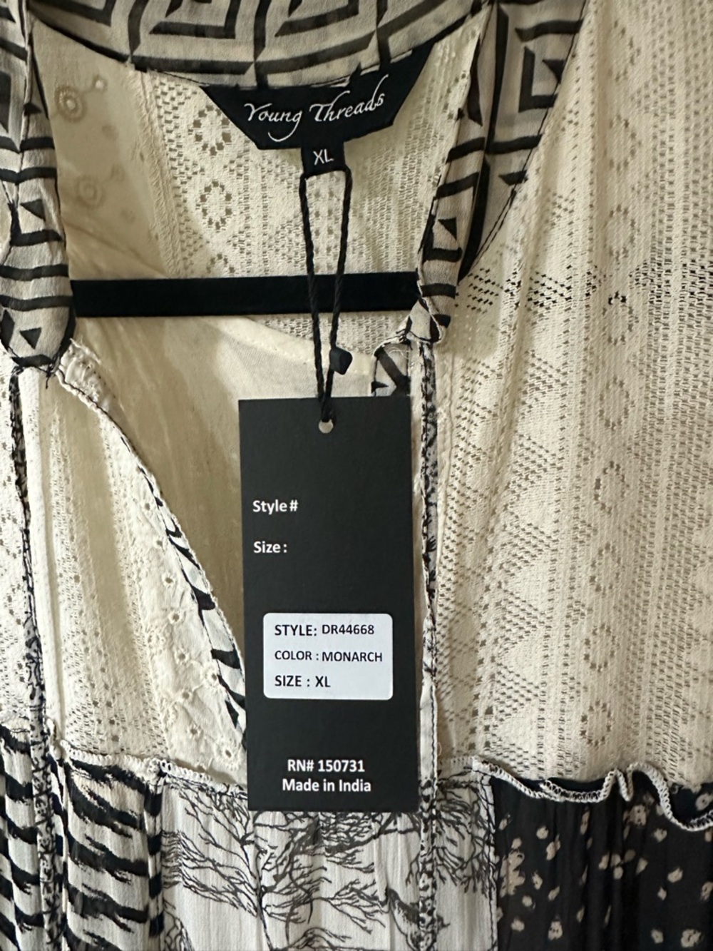 Young Threads Black & White Patchwork Maxi Dress — Boho Tiered Style - Picture 3 of 5